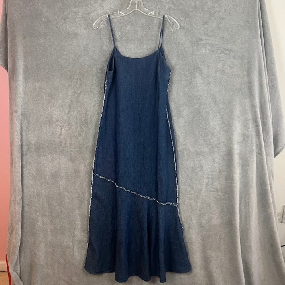 Zara Denim Raw Seam Midi Dress Womens S Linen Blend Boho Cottagecore Frayed